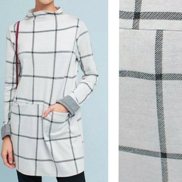Anthropologie Tops - ANTHROPOLOGIE POSTMARK Windowpane Sweater Tunic Mini Dress Plaid Medium M Gray